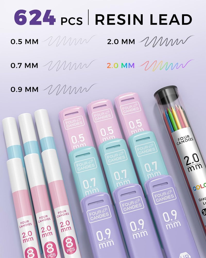 Four Candies 36PCS Aesthetic School Supplies, Mechanical Pencils 0.5mm, 0.7mm, 0.9mm & 2.0mm with 624PCS Lead Refills, Cute Mechanical Pencils for Writing, Drawing & Drafting (Pink) - Image 3